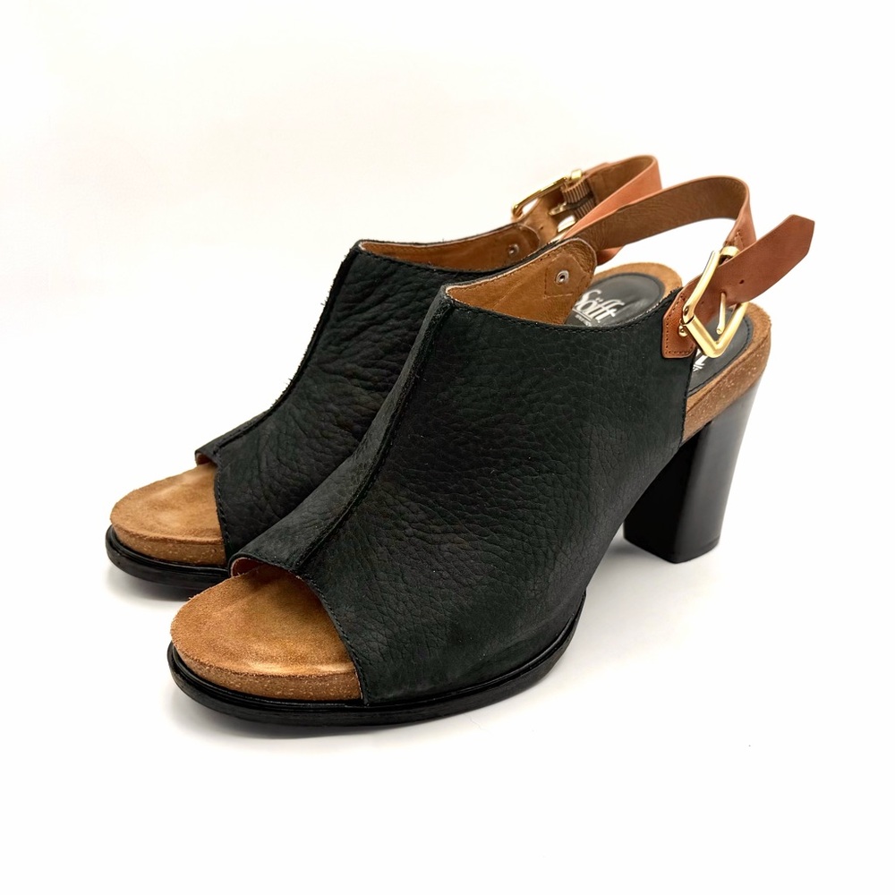 Söfft 11M Black Leather Block Heel Peep Toe Slingback Sandals - Picture 2 of 9